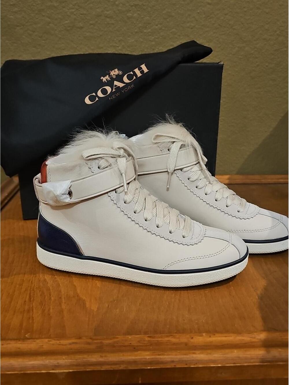 COACH Shearling Nappa Leather Lace Up Hightop Sneakers Shoes Women's Sz 5 NEW - Picture 3 of 14